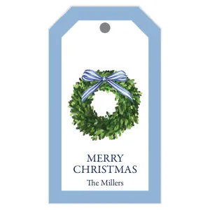 Boxwood Wreath with Striped Bow Christmas Personalized Gift Tags