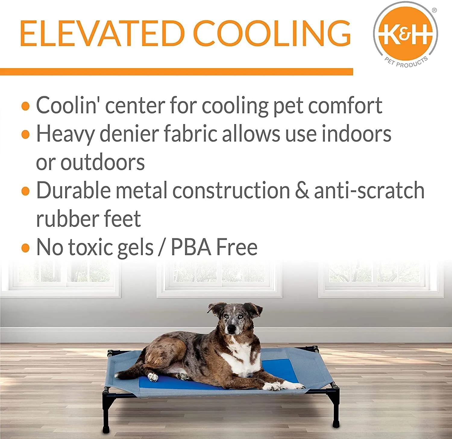 Coolin' Pet Cot, Elevated Dog Cooling Mat, Cool Dog Cot for Large Dogs, Dog Camping Gear, Outdoor Raised Dog Bed with Cooling Center - Gray/Blue, Large 30 X 42 X 7 Inches