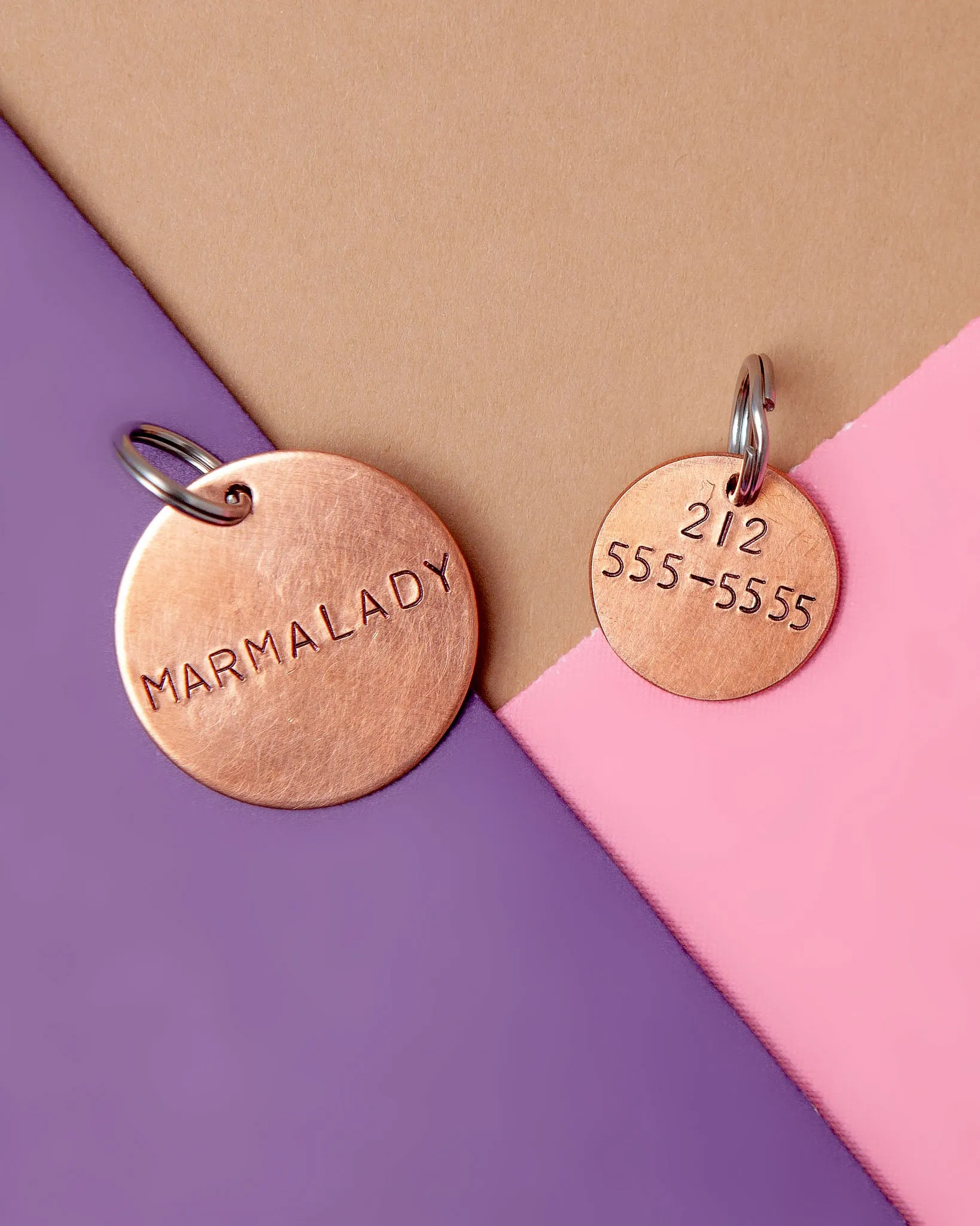 Custom-Stamped Round Pet Name Tag in Copper, Brass, or Aluminum (Custom/Drop-Ship)