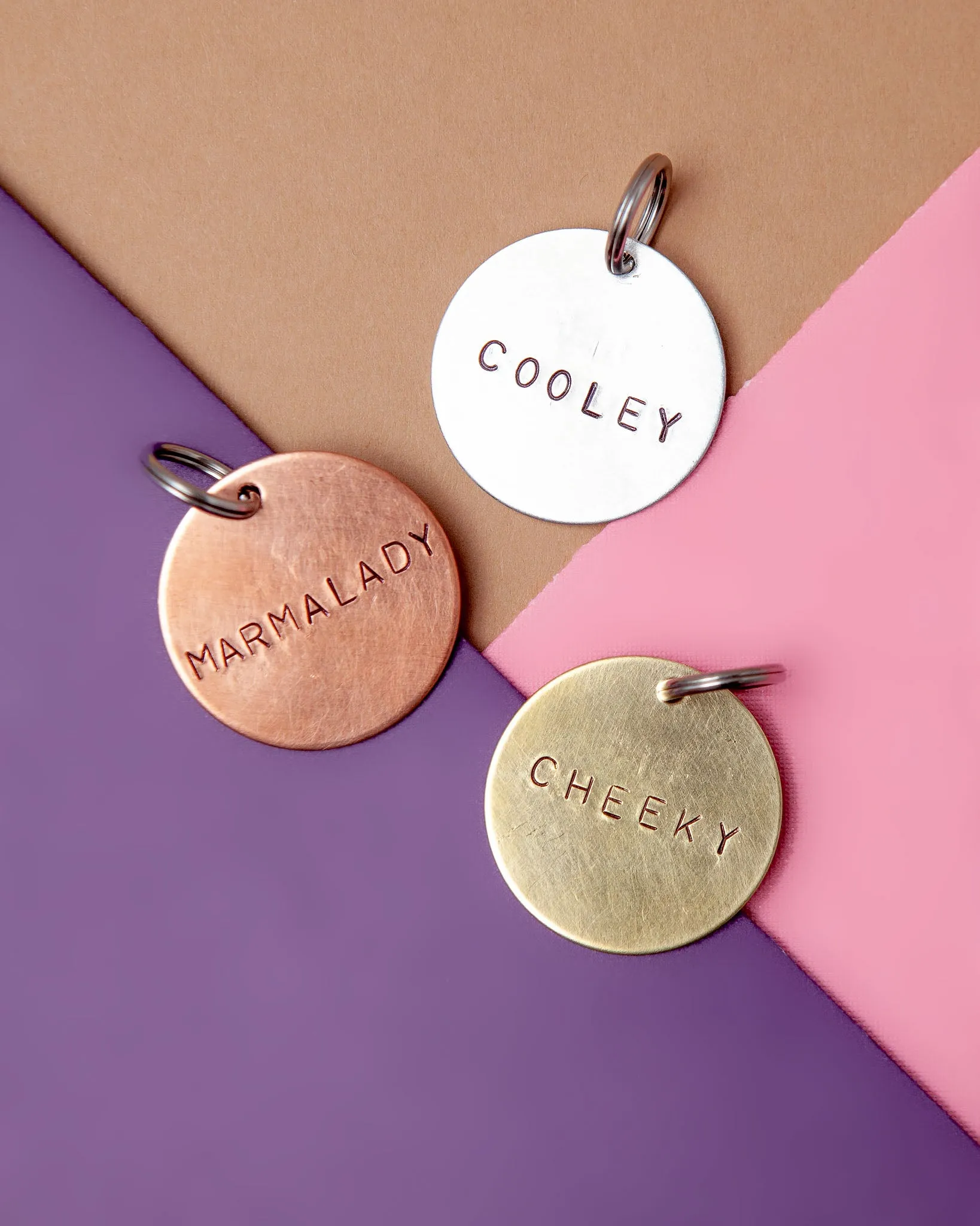 Custom-Stamped Round Pet Name Tag in Copper, Brass, or Aluminum (Custom/Drop-Ship)