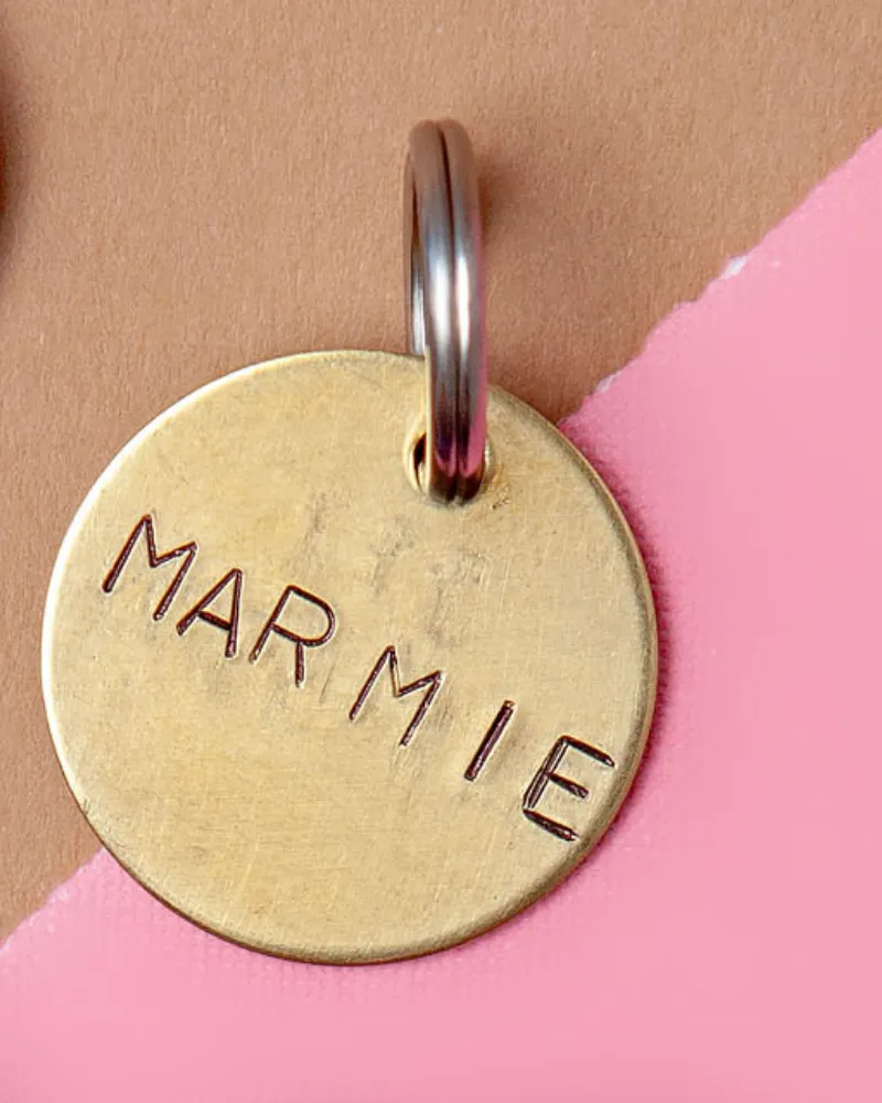 Custom-Stamped Round Pet Name Tag in Copper, Brass, or Aluminum (Custom/Drop-Ship)