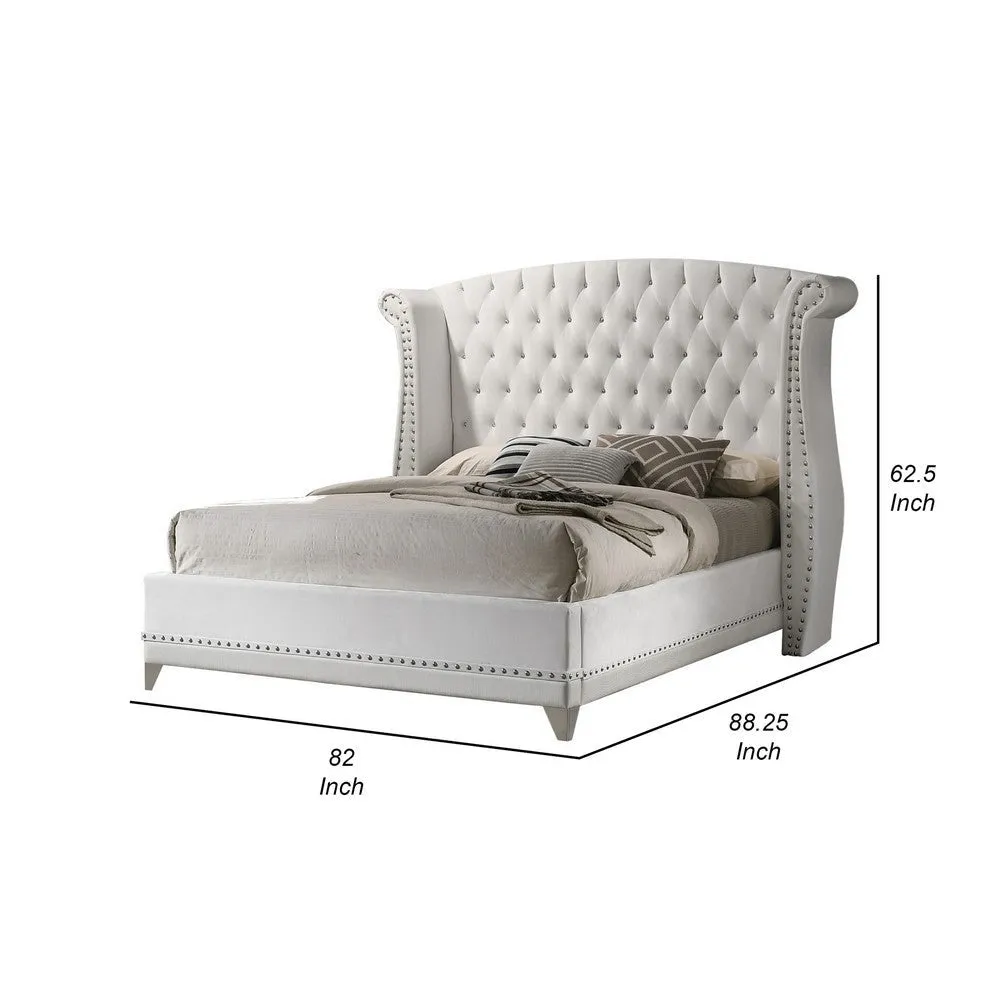 Dini Wingback Queen Bed, Crystal Button Tufting, White Velvet Upholstery By Casagear Home