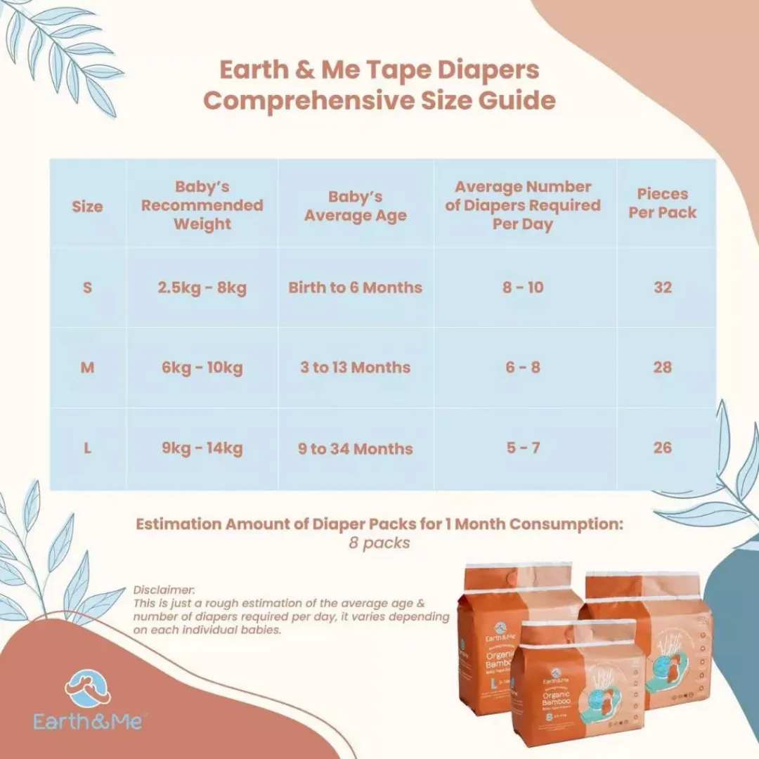 Earth & Me Biodegradable Organic Bamboo Tape Diapers