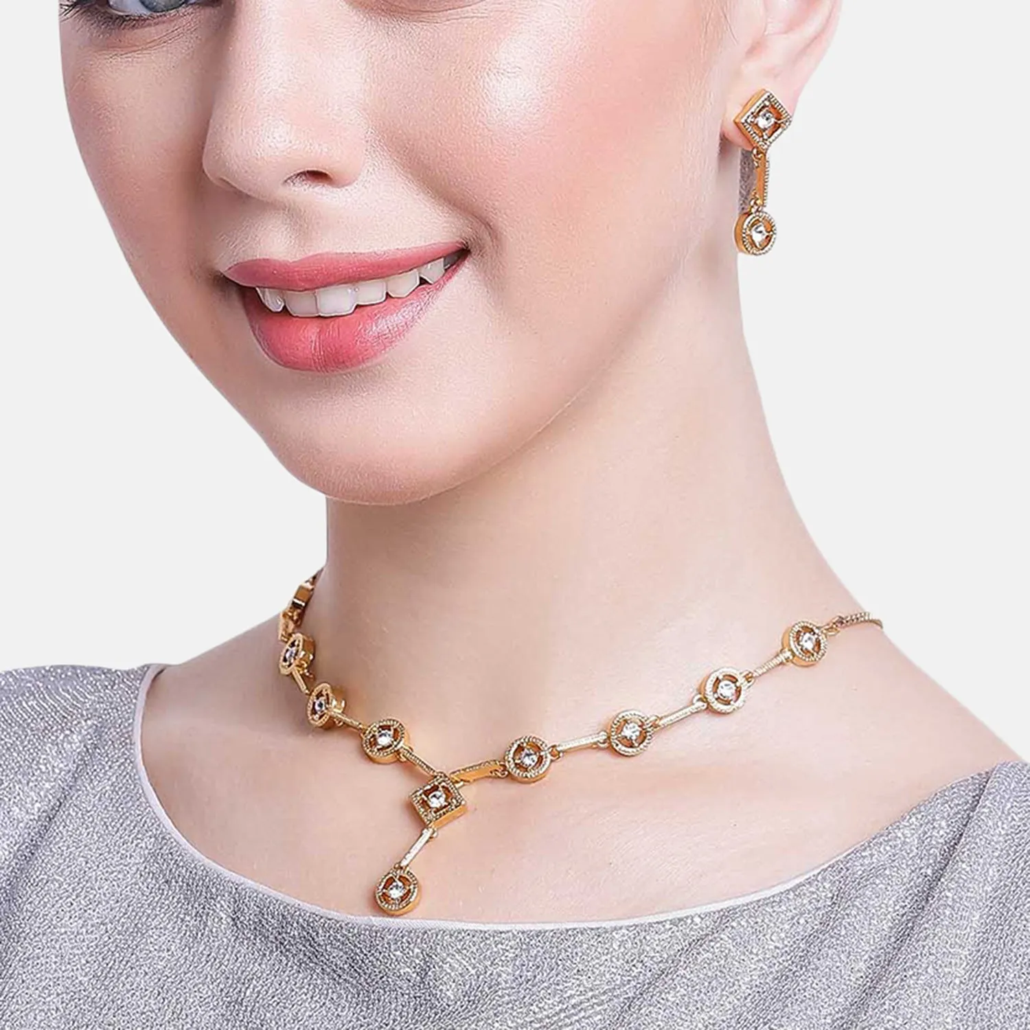 Estele 24 Kt Gold Plated Geometric Shape Austrian Crystal Necklace Set for Women