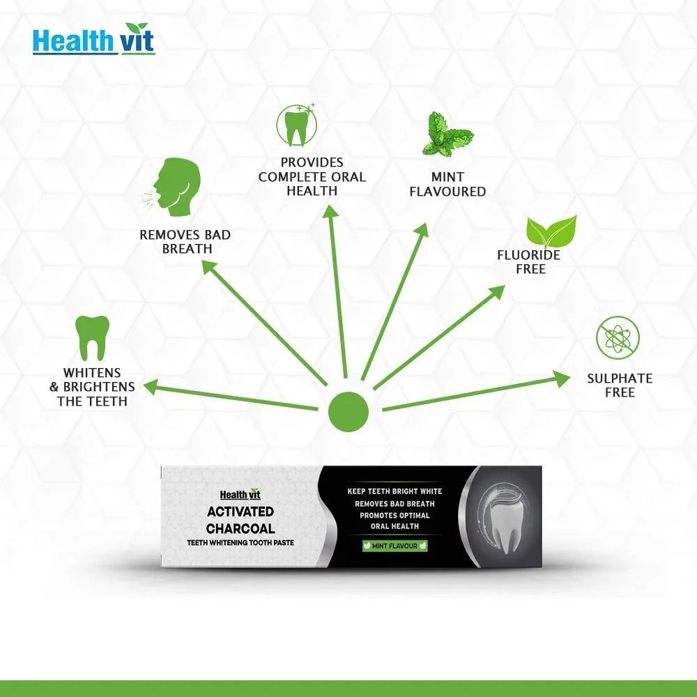 Healthvit Activated Charcoal Toothpaste For Teeth Whitening , Fluoride Free | Sulfate Free Mint Flavour | Germ Protection | Oral Hygiene | Charcoal Toothpaste | teeth whitening products - 100g (Pack of 1)