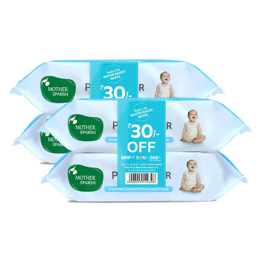 Mother Sparsh Unscented 99% Pure Water (Unscented) Baby Wipes, 72 Baby Wipes, Blue (Pack of 4)