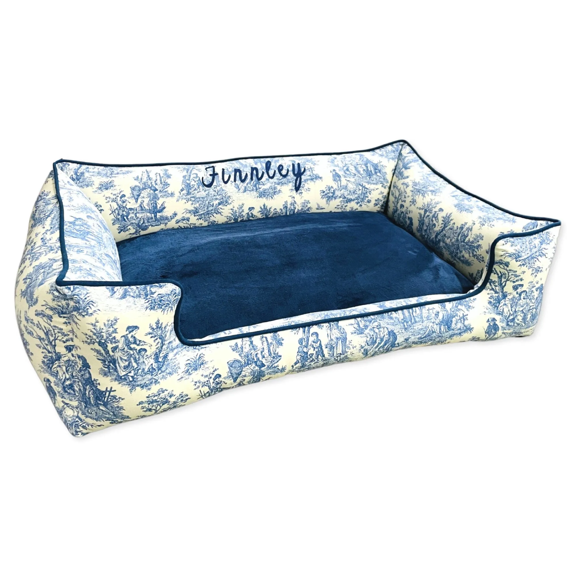 Navy Toile and Minky Drifter Dog Bed