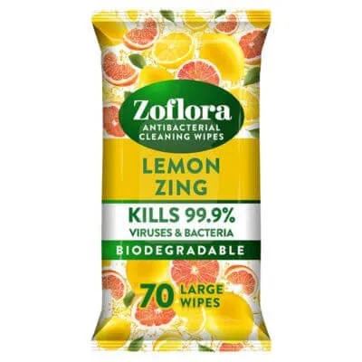 Zoflora  Antibacterial Biodegradable Lemon Zing, 70 Large Wipes